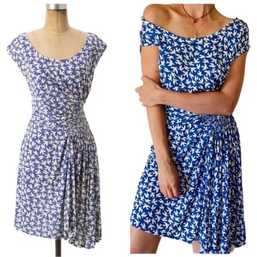 Leifnotes Anthropologie Blue Bird Print Dress Women’s Size Medium